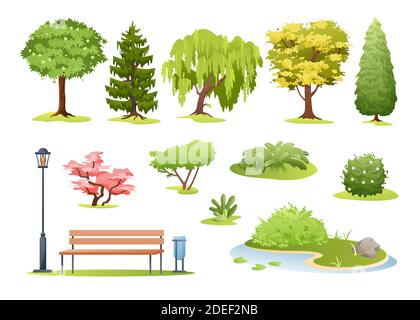 Forest and park trees vector illustration. Cartoon various green summer deciduous and evergreen trees, bushes with flowers, fern and park or garden Stock Vector