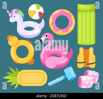 Toys water set, cartoon inflatable swimming accessories Stock Vector