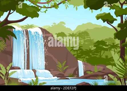 Waterfall jungle landscape with rock cascade, river streams Stock Vector