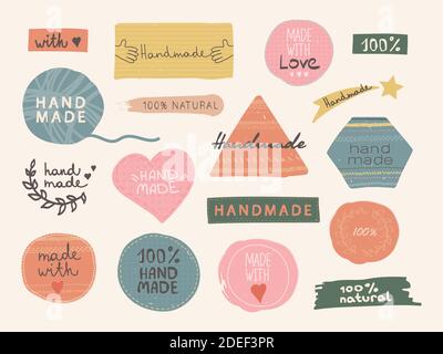 Vector hand drawn stickers and labels with lettering: hand made, made with love, 100 natural. Handicraft Crafts Tags. Perfect for your design. Stock Vector