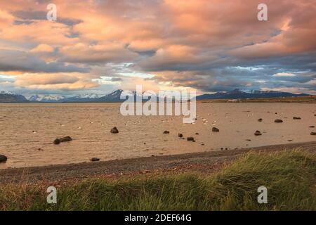 View from Puerto Natales, Ultima Esperanza Bay, Patagonia, Chile Stock Photo
