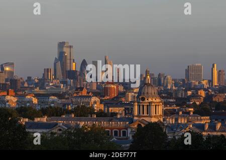 England, London, Greenwich, View of London City Skyline from Greenwich Park Stock Photo