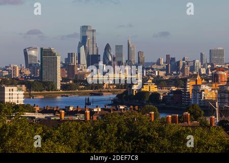 England, London, Greenwich, View of London City Skyline from Greenwich Park Stock Photo