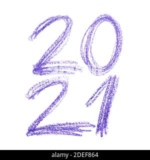 New year 2021. Number by violet crayon isolated on the white background Stock Photo