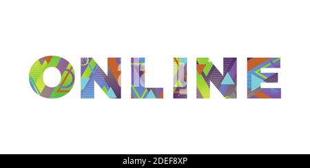 The word ONLINE concept written in colorful retro shapes and colors illustration. Stock Photo