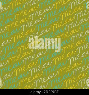 Vector green repeating cat meow horizontal scribble words seamless pattern. Perfect for fabric, scrapbooking and wallpaper projects. Stock Vector