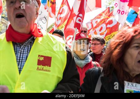 Retired people demonstrate in Paris after the call from several unions to protest against Emmanuel Macron reforms on retirement, Paris, France, April 11th, 2019. Photo by Daniel Derajinski/ABACAPRESS.COM Stock Photo