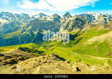 Snow-capped mountains of Swiss Alps skyline seen from Schilthorn summit panoramic platform. Murren, Canton of Bern, Switzerland. Oberland Bernese Stock Photo