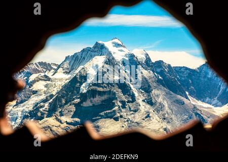 North face of Eiger snow capped seen from Schilthorn summit 2970 meters at panoramic platform. Murren, Canton of Bern in Switzerland. Oberland Bernese Stock Photo