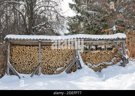 Perfectly arranged stack of wood, ready for a long winter ahead,covered in snow.Front view of neatly stacked firewood outside under the roof. Stock Photo