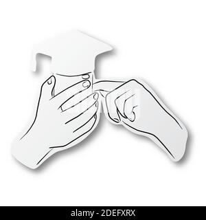 Vector black line hand drawn of hand holding smartphone on graduation cap cut paper with shadow isolated on white background. Paper art. Stock Vector