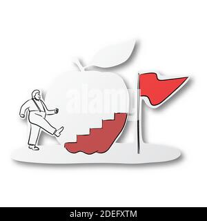 Vector black line hand drawn of fat man walking up stairs to red flag on apple shape cut paper with shadow isolated on white background. Paper art. Stock Vector