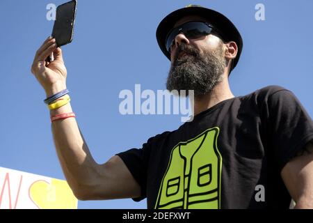 Jerome Rodrigues, one of the leading figures of the 'Yellow Vest' (gilet jaune) movement takes part in an anti-government demonstration, on April 20, 2019 in Paris. Photo by Alfred Yaghobzadeh/ABACAPRESS.COM Stock Photo