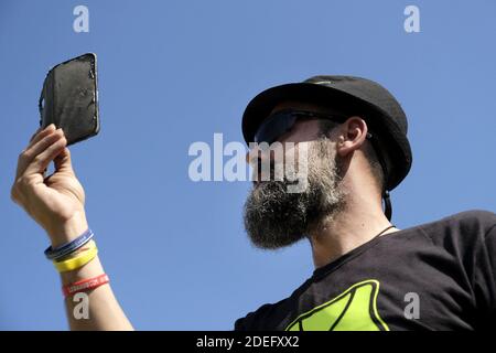 Jerome Rodrigues, one of the leading figures of the 'Yellow Vest' (gilet jaune) movement takes part in an anti-government demonstration, on April 20, 2019 in Paris. Photo by Alfred Yaghobzadeh/ABACAPRESS.COM Stock Photo