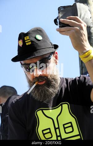 Jerome Rodrigues, one of the leading figures of the 'Yellow Vest' (gilet jaune) movement takes part in an anti-government demonstration, on April 20, 2019 in Paris. Photo by Alfred Yaghobzadeh/ABACAPRESS.COM Stock Photo