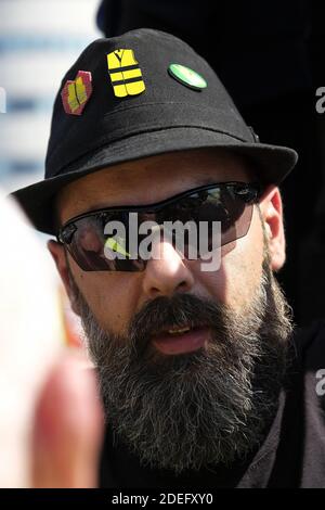 Jerome Rodrigues, one of the leading figures of the 'Yellow Vest' (gilet jaune) movement takes part in an anti-government demonstration, on April 20, 2019 in Paris. Photo by Alfred Yaghobzadeh/ABACAPRESS.COM Stock Photo