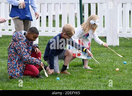 Kids participate in the annual Easter Egg Roll on the South Lawn of the White House April 22, 2019 in Washington, DC. .Photo by Olivier Douliery/ABACAPRESS.COM Stock Photo