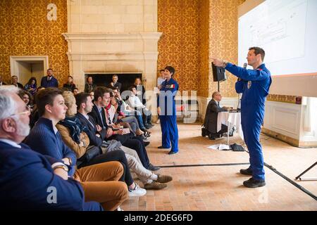 Astronauts Thomas Pesquet and Samantha Cristoforetti hold a press conference as part as the commemoration of the 500th anniversary of the death of Italian renaissance painter and scientist Leonardo da Vinci on May 2, 2019 in Chambord, France. Photo by Pascal Avenet/ABACAPRESS.COM Stock Photo