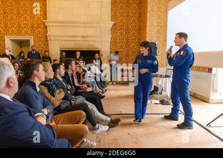 Astronauts Thomas Pesquet and Samantha Cristoforetti hold a press conference as part as the commemoration of the 500th anniversary of the death of Italian renaissance painter and scientist Leonardo da Vinci on May 2, 2019 in Chambord, France. Photo by Pascal Avenet/ABACAPRESS.COM Stock Photo