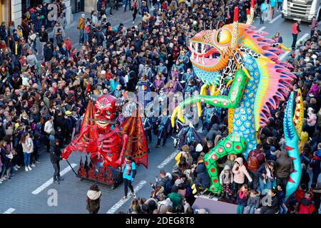 Artists perform during the Eldorado parade in Lille, northern France, on May 04, 2019 during the Lille 3000 event with 'Mexico' as this year's theme. Photo by ABACAPRESS.COM Stock Photo