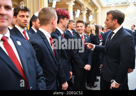 French president Emmanuel Macron meets with the french WorldSkills team in Paris, France, on May 7, 2019. The 2019 WorldSkills will take place from August 22 to August 27 in Kazan, Russia. Macron also presented the candidacy of France to host the WorldSkills competition in Lyon in 2023. Photo by Christian Liewig/ABACAPRESS.COM Stock Photo