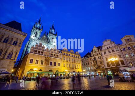 Prague, Czech Republic - august 31, 2020:Tourists at the Old Town Square of Prague in the Czech Republic at dusk Stock Photo