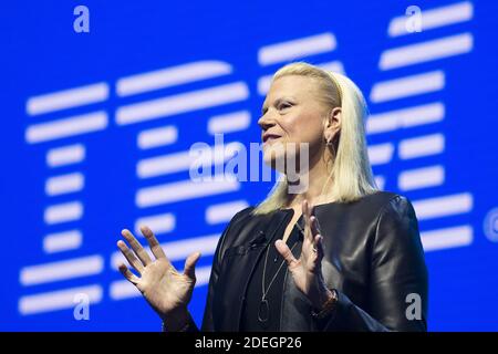 CEO of IBM, Virginia Rometty gestures as he speaks during his visit at the Vivatech startups and innovation fair (Viva Technology), in Paris on May 16, 2019. Photo by Eliot Blondet/ABACAPRESS.COM Stock Photo