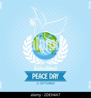 Internationl Peace Day logo or banner with white dove on the earth illustration Stock Vector