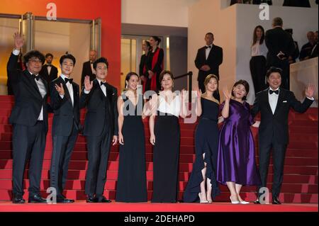 Kang-Ho Song, Lee Sun-Kyun, Lee Jung-Eun, Cho Yeo-Jeong, Chang Hyae-Jin, Park So-Dam, Choi Woo-Shik and Bong Joon-Ho arriving on the red carpet of Parasite screening held at the Palais Des Festivals in Cannes, France on May 21, 2019 as part of the 72nd Cannes Film Festival. Photo by Nicolas Genin/ABACAPRESS.COM Stock Photo