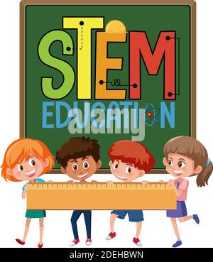 Stem education logo with kids holding ruler isolated illustration Stock Vector