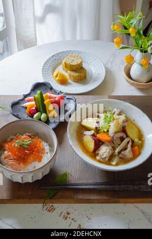 Salmon Roe Rice Bowl and Tonjiru (Japanese Pork Soup) Stock Photo