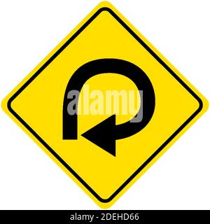 Very sharp (270 degree) curve ahead yellow sign on white background illustration Stock Vector