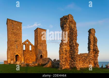 England, Kent, Herne Bay, Reculver Towers and Roman Ruins of Roman Fort Stock Photo