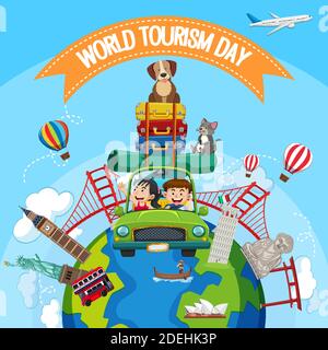 World tourism day logo with tourists and famous tourist landmarks elements illustration Stock Vector