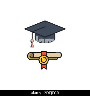 Graduation hat and diploma icon, color, line, outline vector sign, linear style pictogram isolated on white. Symbol, logo illustration. Stock Vector