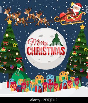Santa on sleigh with deer delivery gift illustration Stock Vector
