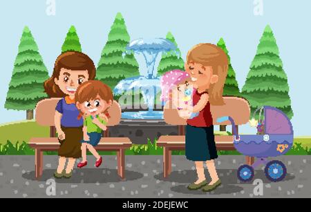 Parents take their children and baby stroller to the park cartoon style illustration Stock Vector