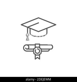 Graduation hat and diploma icon, color, line, outline vector sign, linear style pictogram isolated on white. Symbol, logo illustration. Stock Vector