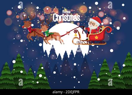 Santa on sleigh with deer delivery gift illustration Stock Vector