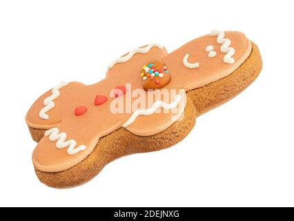 Gingerbread man cookie isolated on white background.  Christmas gingerbread pastry close up. Stock Photo