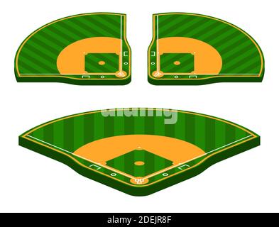 set of isometric green baseball fields with marking lines. Team sports. Active lifestyle. American national sport. Vector Stock Vector