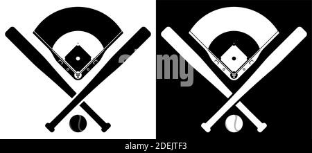 crossed sports baseball bats with ball and silhouette of baseball stadium. American national sport. Active lifestyle. Realistic vector Stock Vector