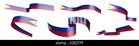 Set of holiday ribbons. Flag of Republic of Philippines waving in wind. Separation into lower and upper layers. Design element. Vector on white backgr Stock Vector