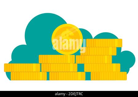 Pile of gold dollar coins on a green cloud background Stock Vector
