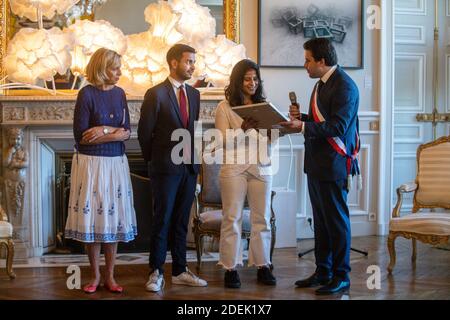 L-R : Genevieve Garrigos (Amnesty International), Omar Didi (MAG), Lina Al Hathloul receives honorary citizenship for her sister, jailed Saudi activist Loujain Al Hathloul from Paris Mayor Deputy Patrick Klugman at Hotel de Ville or City Hall, in Paris, France on June 21, 2019. Photo by Balkis Press/ABACAPRESS.COM Stock Photo