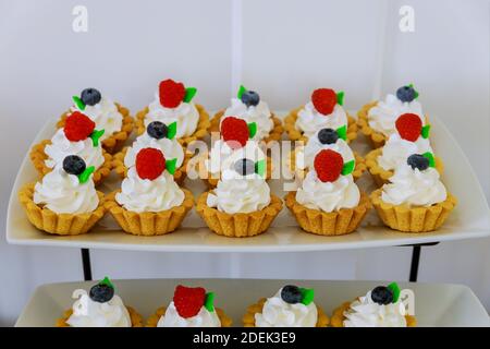 Tartlets mini dessert with fresh fruits on cake tiered stand. Stock Photo