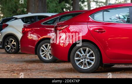 Rear view of the red cars details parked in the park. Travel photo, street view, selective focus. Stock Photo