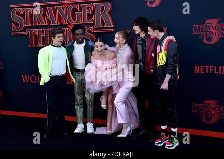 Gaten Matarazzo, Caleb McLaughlin, Millie Bobby Brown, Sadie Sink, Finn Wolfhard, and Noah Schnapp attend the premiere of Netflix's 'Stranger Things' Season 3 on June 28, 2019 in Santa Monica, CA, USA. Photo by Lionel Hahn/ABACAPRESS.COM Stock Photo