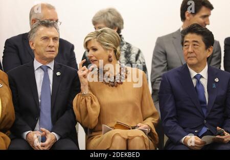 Mauricio Macri (Argentina's President), Queen Maxima of the Netherlands and Shinzo Abe (Japanese Prime Minister) - Side event organized by the Japanese Prime Minister, on the theme 'Promoting the place of women at work' at the Intex Osaka congress center at the G20 summit in Osaka, Japan, on June 29, 2019. Photo by Dominque Jacovides/Pool/ABACAPRESS.COM Stock Photo