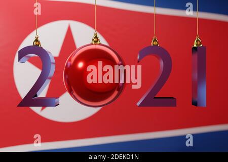 3D illustration  2021 happy new year against the background of the national  flag of North Korea, 2021 white letter . Illustration of the symbol of th Stock Photo